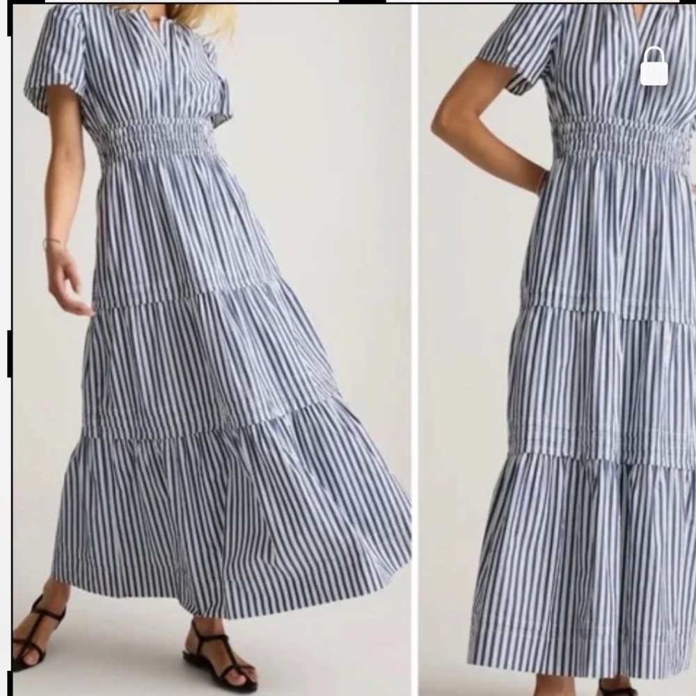 Quince Organic Cotton Tiered Maxi Dress‎ Navy White Stripe Smocked Resortwear M - Picture 13 of 17